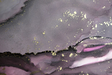 Art Abstract paint blots horizontal background. Alcohol ink violet and gold colors. Marble texture.