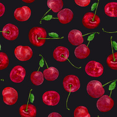 Cherries repeat seamless pattern. Watercolor and digital hand drawn picture for textiles, fabrics, souvenirs, prints, packaging and greeting cards.