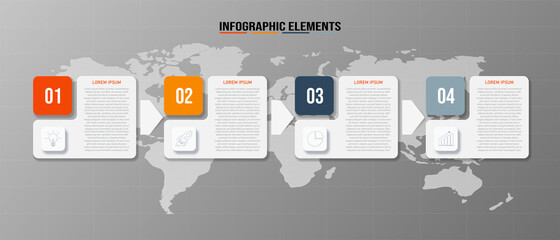 Colorful  rectangular infographics elements, Thin line pictograms, pointers and text box, Concept of business model with 5 successive steps, Modern design template, Steps or processes.