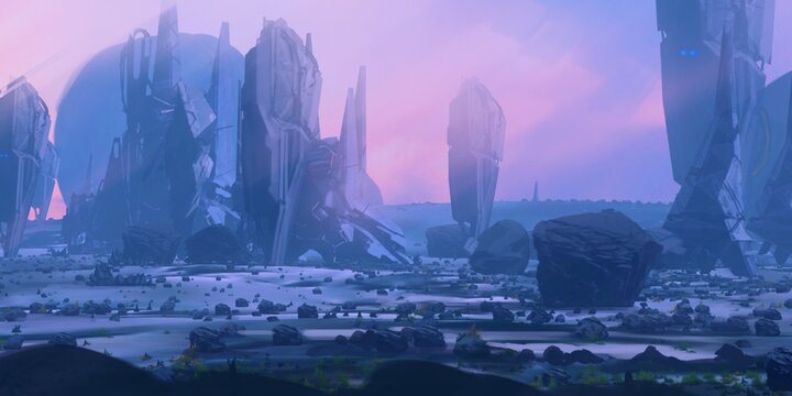 Futuristic concept art. Alien planet. Science fiction theme. Colorful artistic landscape. 2d illustration.