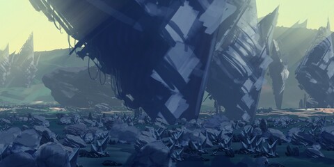 Futuristic scenery. Alien planet. Science fiction theme. Colorful artistic landscape. 2d illustration.