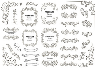 Calligraphic design elements . Decorative swirls or scrolls, vintage frames , flourishes, labels and dividers. Retro vector illustration..