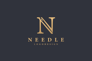 Initial Letter N Logo. Gold Shape Classic N Letter Calligraphy with Negative Space Needle inside isolated on Black Background. Usable for Tailor Logo. Flat Vector Logo Design Template Element.