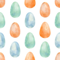 Watercolor seamless pattern with eggs on white background. Easter decoration for greeting card, wrap, wallpaper, menu, fabric, textile, print.