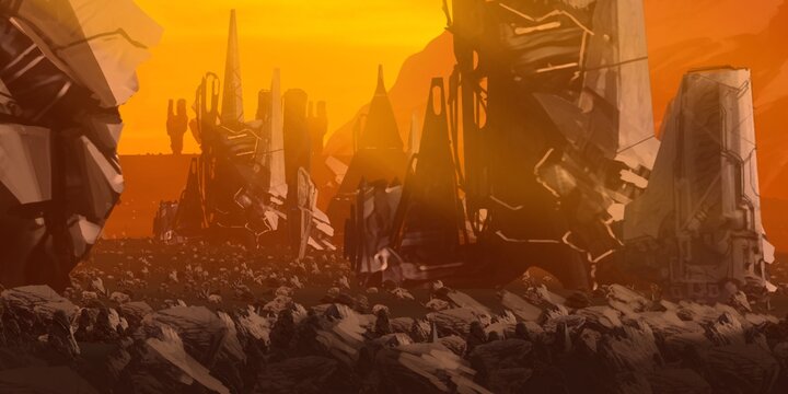 Futuristic concept art. Alien planet. Science fiction theme. Colorful artistic landscape. 2d illustration.
