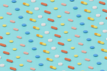 A lot of different isometric pills on a blue background. 3D illustration