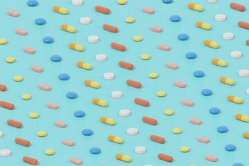 A lot of different isometric pills on a blue background. 3D illustration