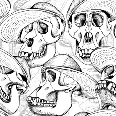 Seamless pattern with image of a skull monkey in a cap. Vector black and white illustration.
