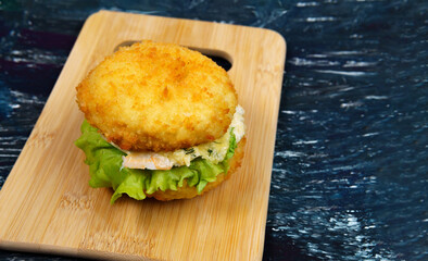 fried Burger with shrimp and salad, with space to copy text
