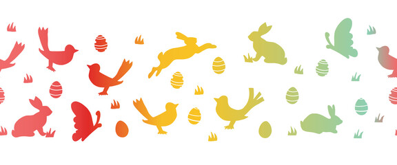 Easter seamless vector border with bunnies butterflies and birds. Repeating horizontal pattern Easter rabbit and eggs silhouettes. Cute border for cards, fabric trim, footer, header, divider, ribbons.