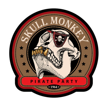 Pirate Emblem with image of a skull monkey with gold teeth. Vector illustration.