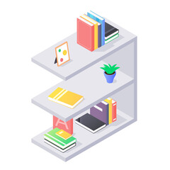 Books and chancellery on gray wooden bookshelf in isometric vector. Stacks of hard cover paper literature in shelf for education home or university interior. Rack with various home studying objects.