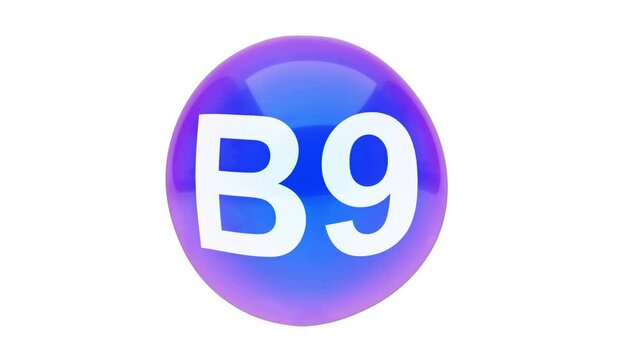 3D animation of a bubble sphere vitamin B9 floating on a white background with alpha layer