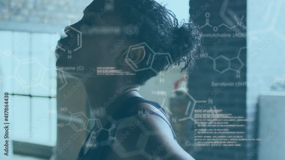 Poster animation of statistics and graphs over woman exercising in an abandoned building