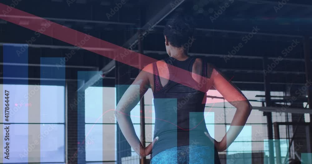 Poster animation of statistics and graphs over woman exercising in an abandoned building