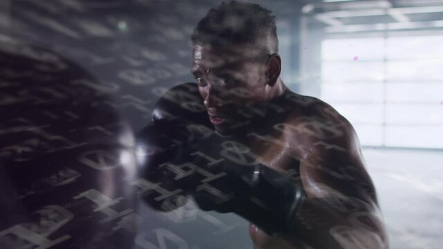 Animation of floating numbers over man wearing boxing gloves punching a punching bag