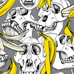 Seamless pattern with image of a Skull Monkey and yellow Skin Banana on a gray background. Vector illustration.
