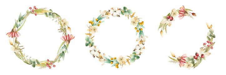 Watercolor wreathes with flowers, isolated on white,  for invitation, greeting card.