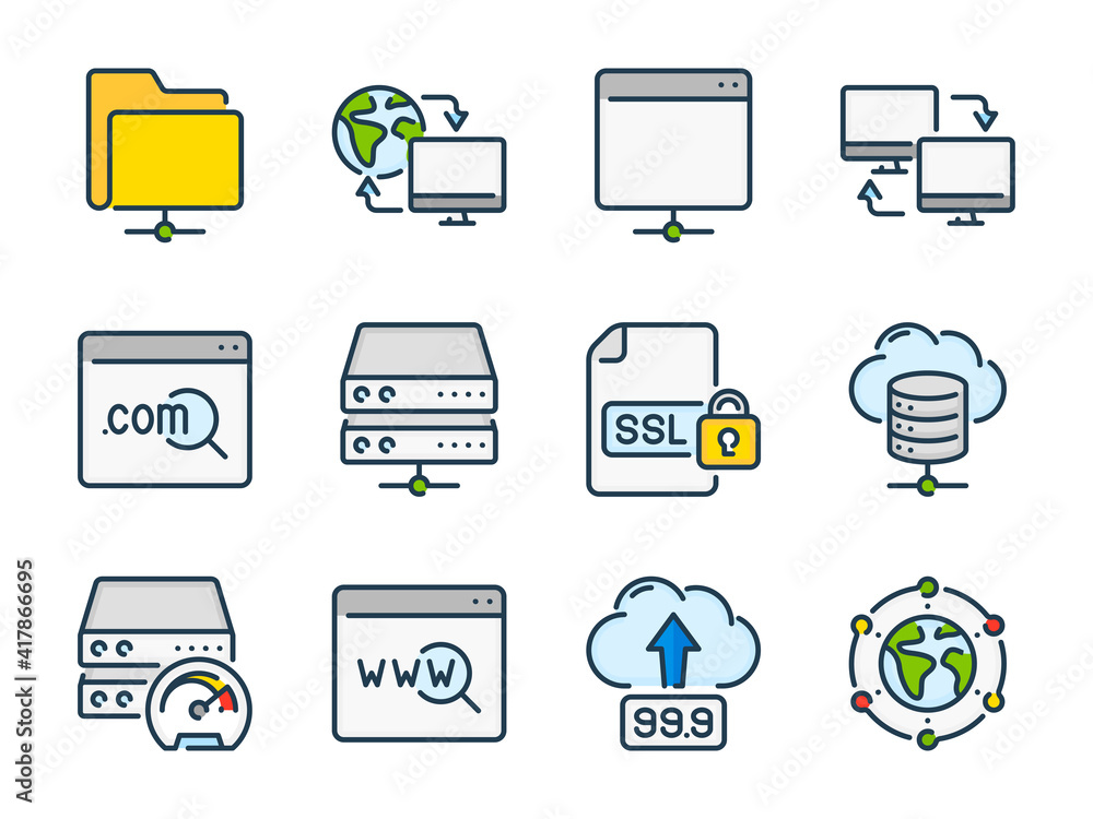 Poster hosting, data server and network storage related vector color line icons. host infrastructure and da