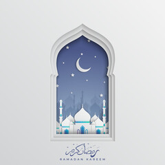 Ramadan Kareem greeting background. 3d paper cut arabic window with mosque and crescent. Design for greeting card, banner or poster. Translation Ramadan Kareem. Vector illustration.