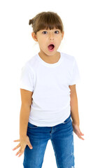 Fototapeta premium Cute surprised girl screaming with open mouth