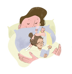 Three friends together staying home drinking tea and reading books