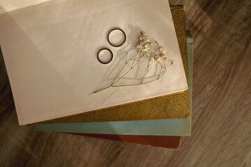 Pressed gypsophila flower, golden wedding rings and stack of beautiful vintage books on the table. Top view.