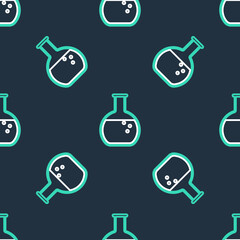 Obraz premium Line Test tube and flask - chemical laboratory test icon isolated seamless pattern on black background. Vector.