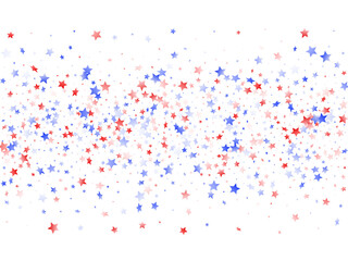 Flying red blue white star sparkles on white vector american patriotic background.