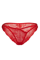 Subject shot of red lace panties with fancy floral tracery and thin straps on one side. The sexy lingerie is isolated on the white background.