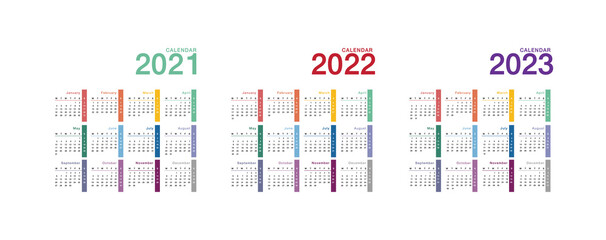 Year 2021 and Year 2022 and Year 2023 calendar vector design template, simple and clean design. Calendar for 2022 and 2023 on White Background for organization and business. Week Starts Monday.