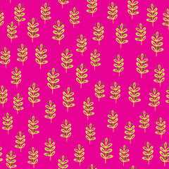 Random seamless pattern with little yellow leaves branches elements print. Bright pink background.