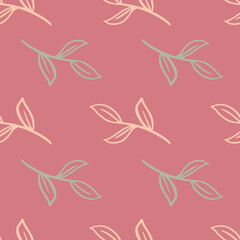 Simple style seamless pattern with outline leaf branches minimalistic shapes. Pink background.