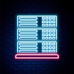 Glowing neon line Server, Data, Web Hosting icon isolated on brick wall background. Colorful outline concept. Vector.