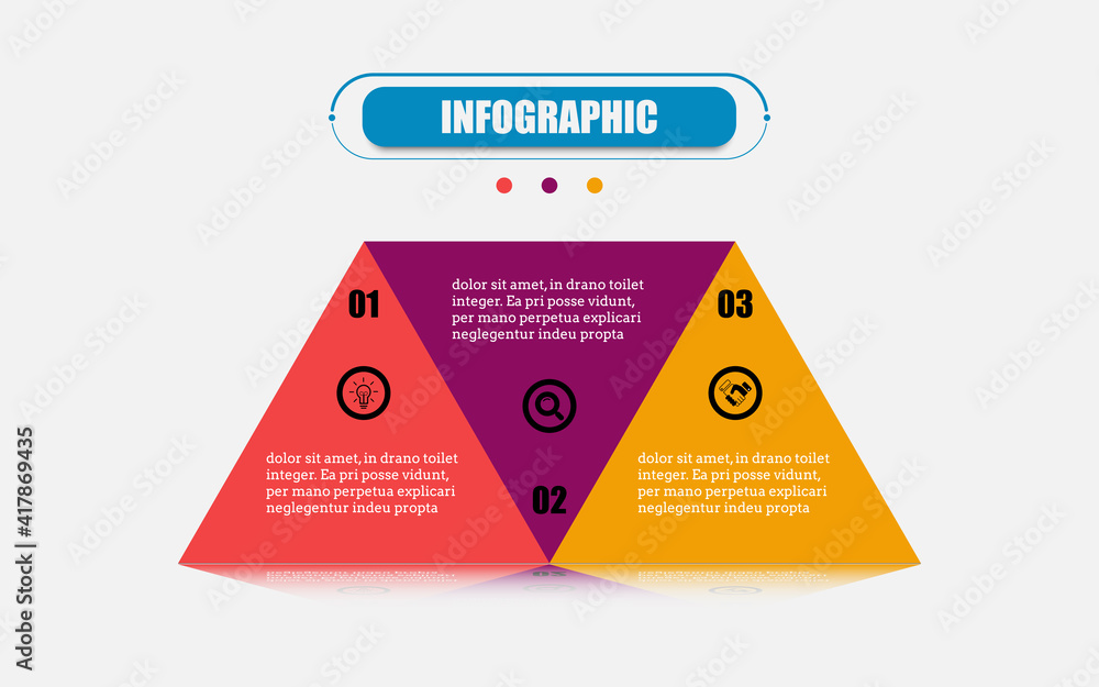 Fototapete triangles connected each other form a square template with 3 options. vector infographic label banne