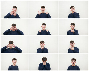Collage of faces, set of emotions of different young man portrait