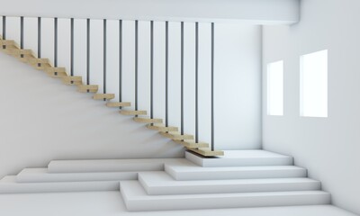 3d rendering, The door of the white house Wooden minimalist stairs