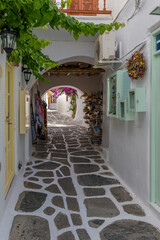 Fototapeta na wymiar Traditional Cycladitic alley with narrow street, whitewashed facade of stores a cafe exterior and a blooming bougainvillea in Naousa Paros island, Greece.