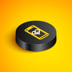 Isometric line Smartphone with free wi-fi wireless connection icon isolated on yellow background. Wireless technology, network, hotspot concepts. Black circle button. Vector.