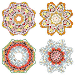 Hand drawn zentangle set of 4 color mandalas for decoration