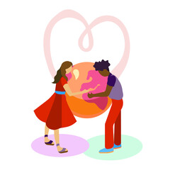 People hugging the Earth on white isolated background, isolated love to the planet in Flat design style, vector eco-friendly people, concept of Environmental Protection, Sustainability principles,//*