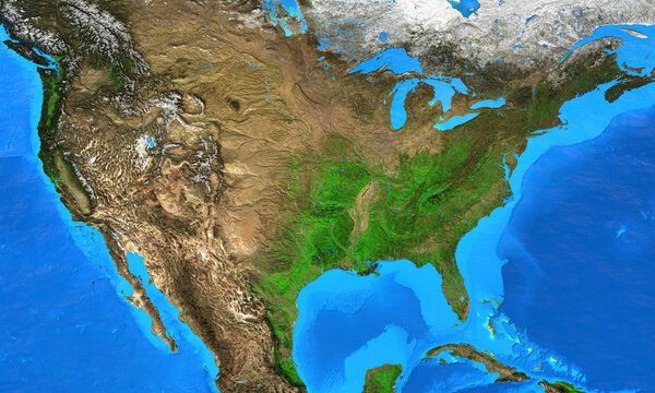 Physical map of The United States of America. Geography and topography of The USA. Detailed flat view of the Planet Earth and its landforms. 3D illustration - Elements of this image furnished by NASA