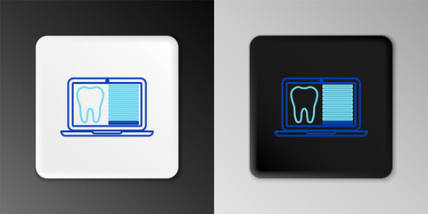 Line Laptop with dental card or patient medical records icon isolated on grey background. Dental insurance. Dental clinic report. Colorful outline concept. Vector.