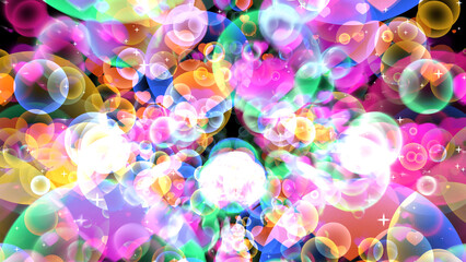 Rainbow reflection bubbles with hearts floating on black background