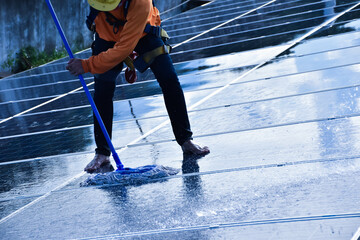 Technician is using a mop and water to clean the solar panels that are dirty with dust and birds' droppings to improve the efficiency of solar energy storage even better. Soft and selective focus.