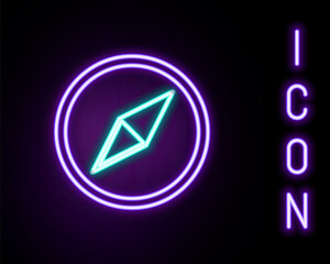 Fototapeta premium Glowing neon line Wind rose icon isolated on black background. Compass icon for travel. Navigation design. Colorful outline concept. Vector.