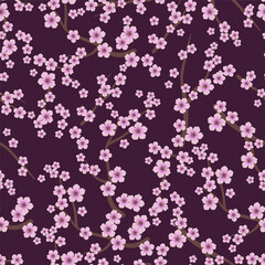 Seamless Pattern of cherry blossom on dark background. Vector design for paper, cover, texture, interior decor, textiles and other