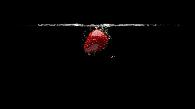 Strawberries fall into clear water. Black background. 3D-render.