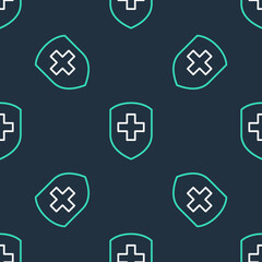 Line Medical shield with cross icon isolated seamless pattern on black background. Protection, safety, password security. Vector.