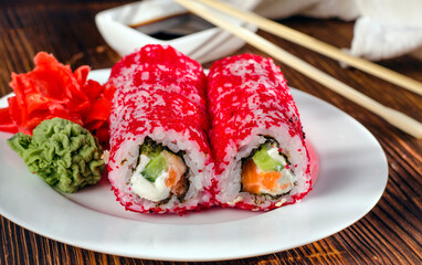 sushi rolls in masago caviar
